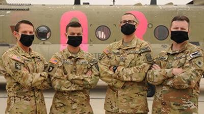 CH-47 Chinook Crew: (from left) CW2 Brady Hlebain, SGT Cameron Powell, SGT George Esquivel, and CW5 Joesph Rosamond