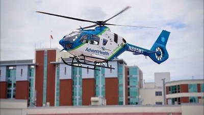Image of AdventHealth’s AirStar 1 helicopter landing