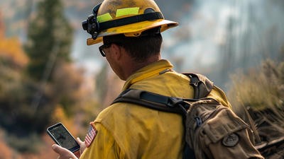 Firefighter on mobile app in wilderness