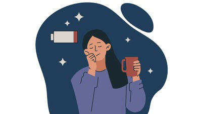 Illustration of tired woman holding mug