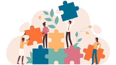 Illustration of people putting jigsaw together