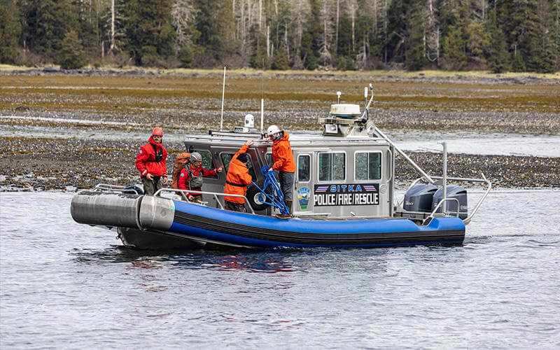 Police fire rescue boat in a lake