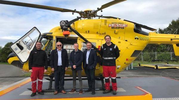 Chris Hall (TRHT Pilot), Evan Cottam (Chairman TRHT), Giacomo Caleffi (Taranaki Offshore Partnership), Darren Muggeridge (Trustee TRHT), Joe Ganley (Crewman)