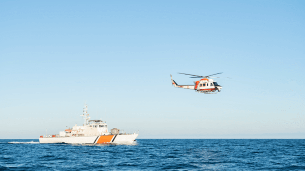 Helicopter flying from boat in the sea