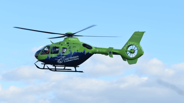 Great Western Air Ambulance Charity green and blue helicopter