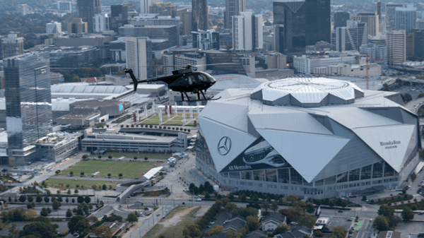 Police helicopter flying over city
