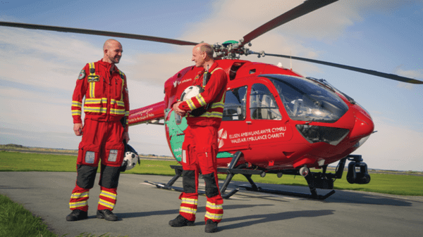 Wales Air Ambulance crew with helicopter