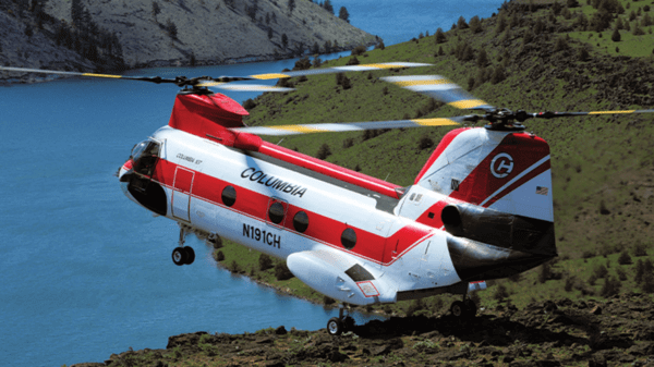 Helicopter about to take off by lake