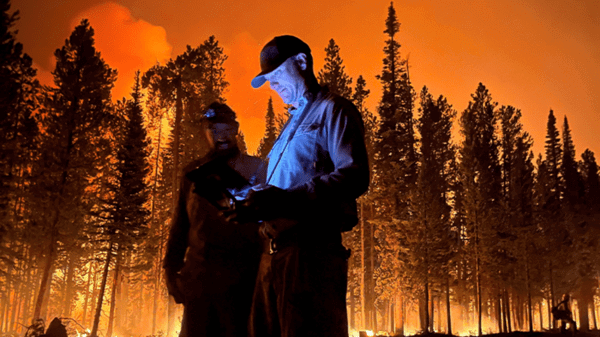 people working drone next to burning forest
