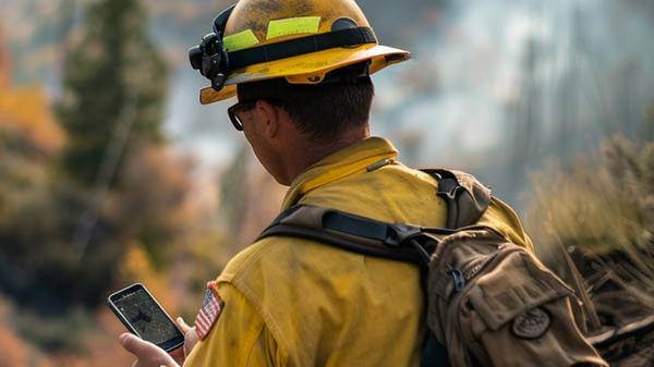 Firefighter on mobile app in wilderness