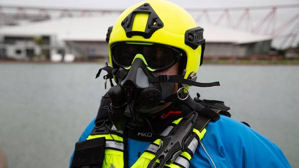 Rescue worker wearing swimming mask