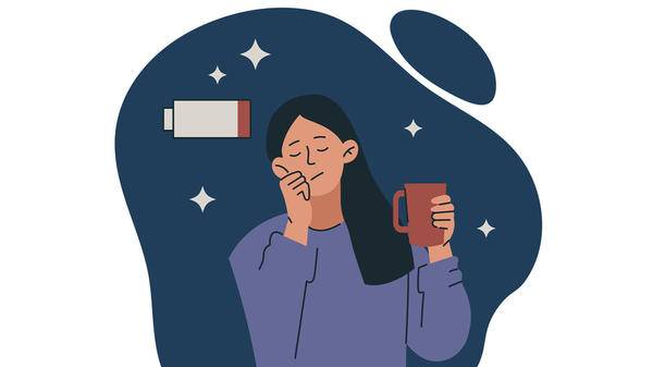 Illustration of tired woman holding mug