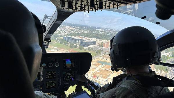 Pilots in helicopter