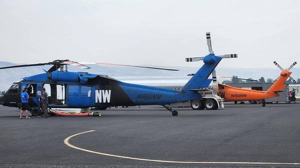 Blue and orange helicopter