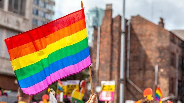 Pride flag held up amongst crowd