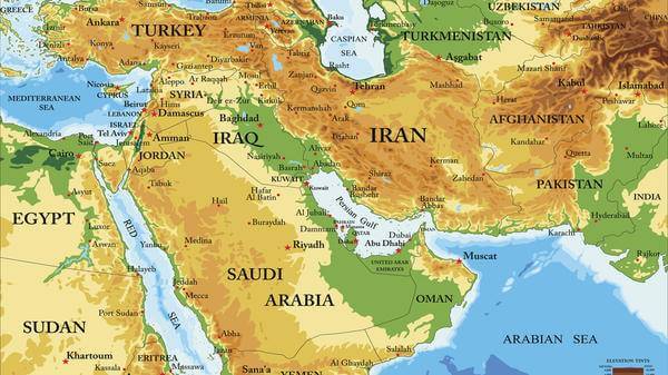 Highly detailed physical map of Middle East in vector format,with all countries, major cities and all the relief forms