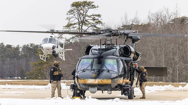 Helicopter parked in snow