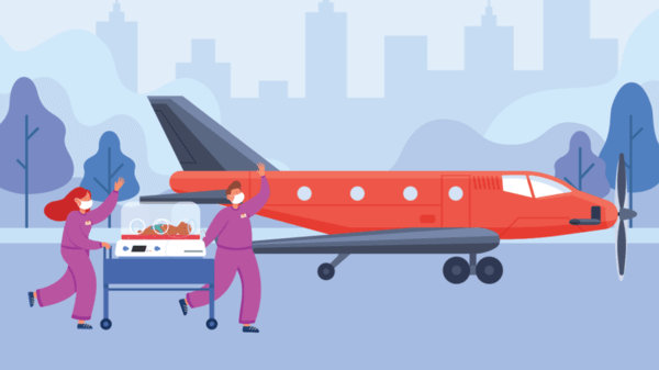 Graphic of baby being transported onto fixed-wing
