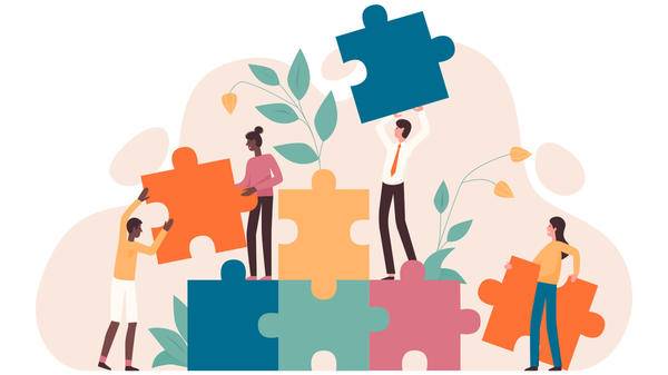 Illustration of people putting jigsaw together
