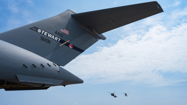 Plane parked and helicopters flying in background